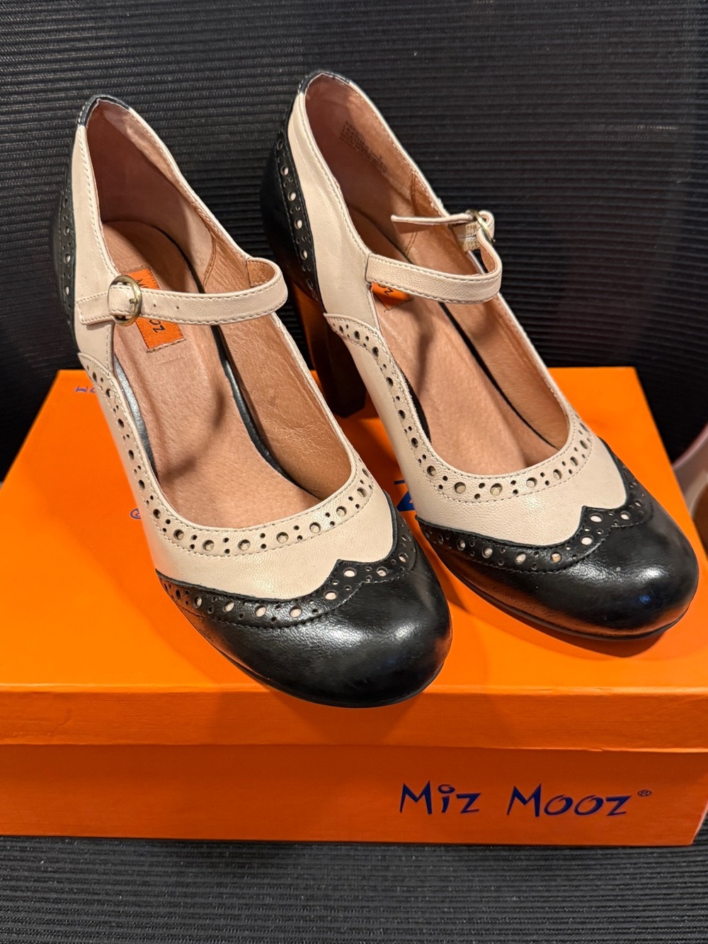 Miz Mooz Black and Cream Mary Jane Brogue Heels